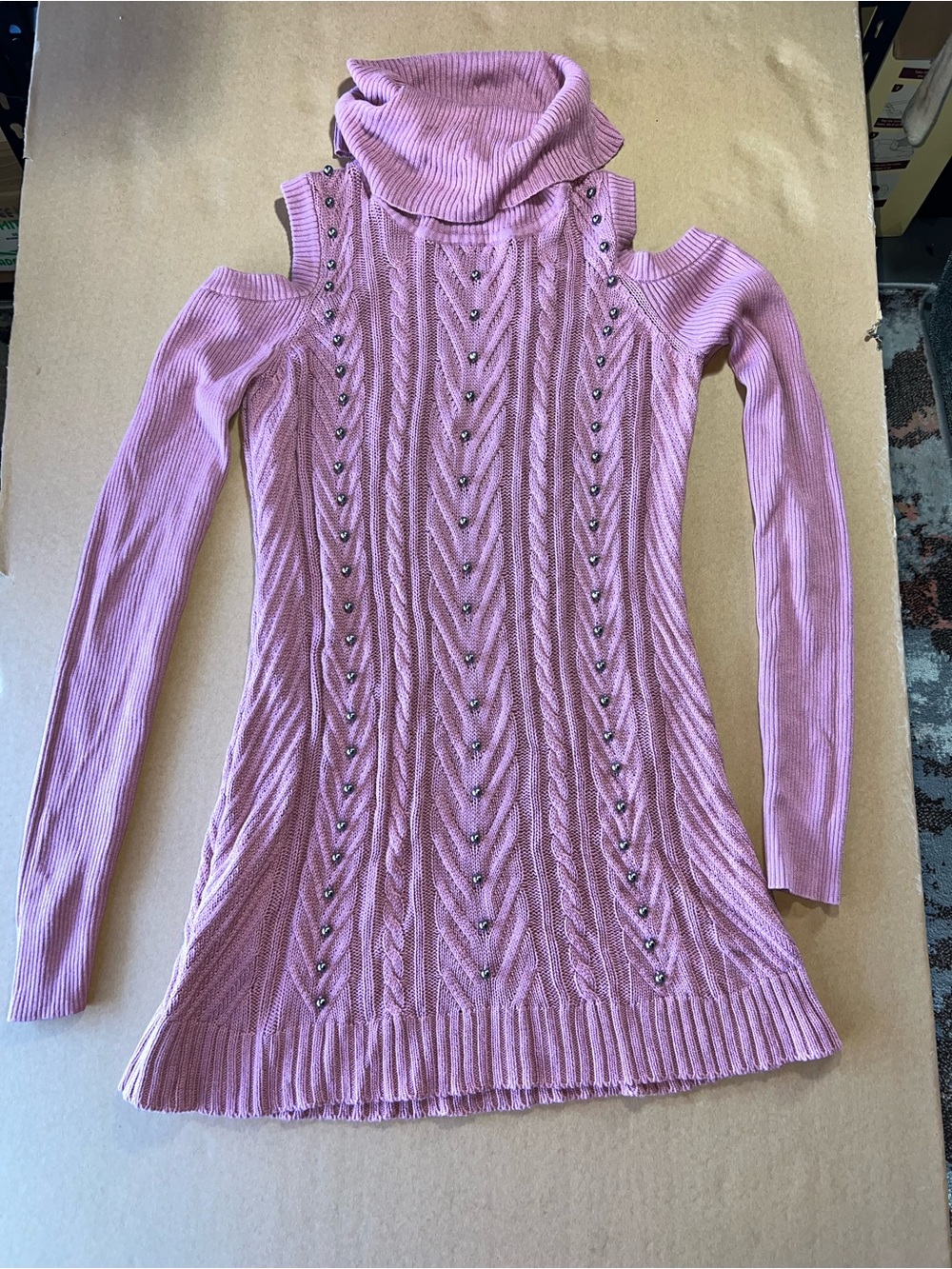 Cold-Shoulder Cable Knit Cowl-Neck Sweater Tunic - Pink